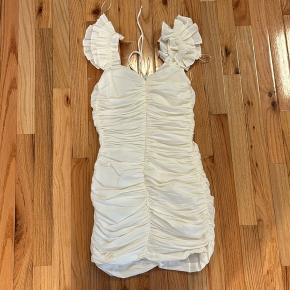 NEW ZARA WOMENS MINI DRESS RUCHED FRONT LACE UP GRADUATION WHITE OYSTER - Picture 9 of 10